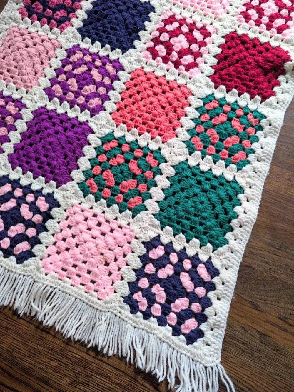 Handmade Crochet Granny Square Afghan Blanket Throw with Fringe 56